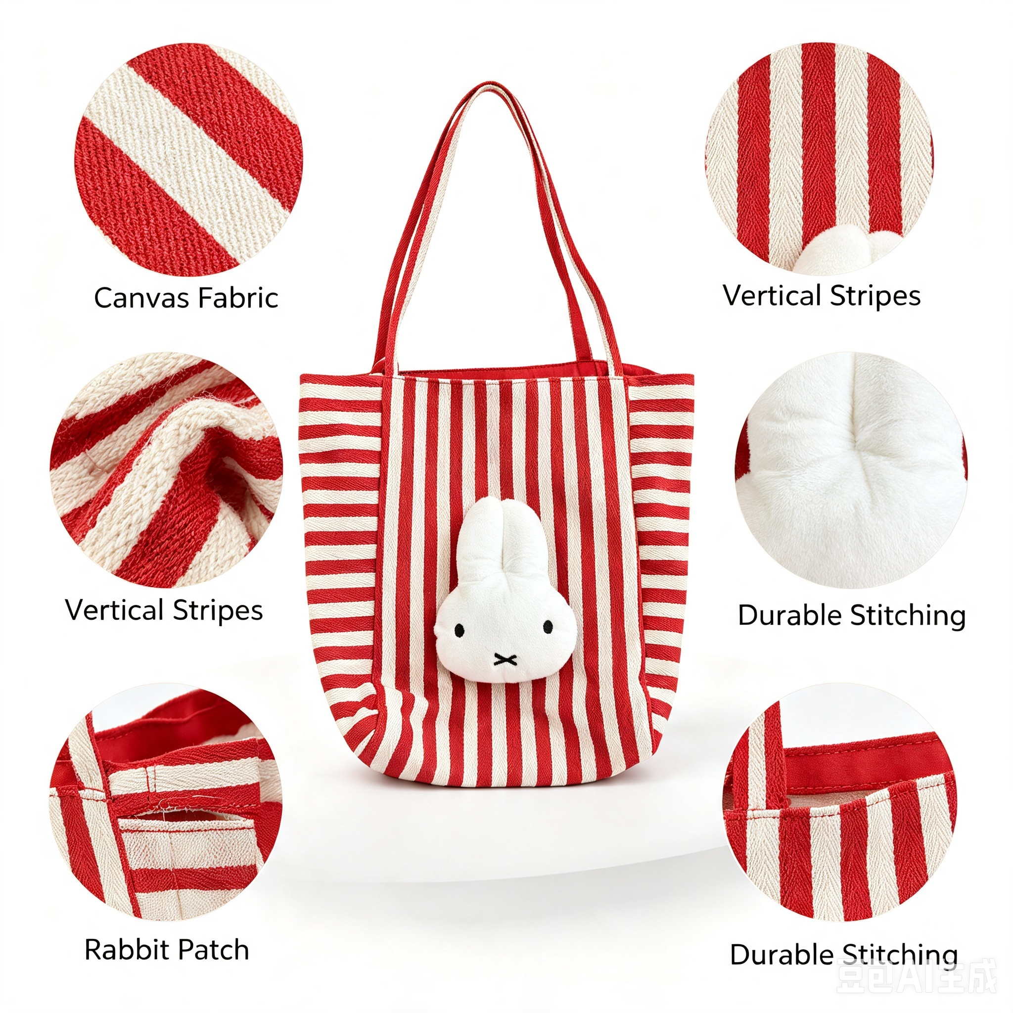 Red White Stripe Rabbit Canvas Tote Bag – Cute Everyday Shoulder Bag
