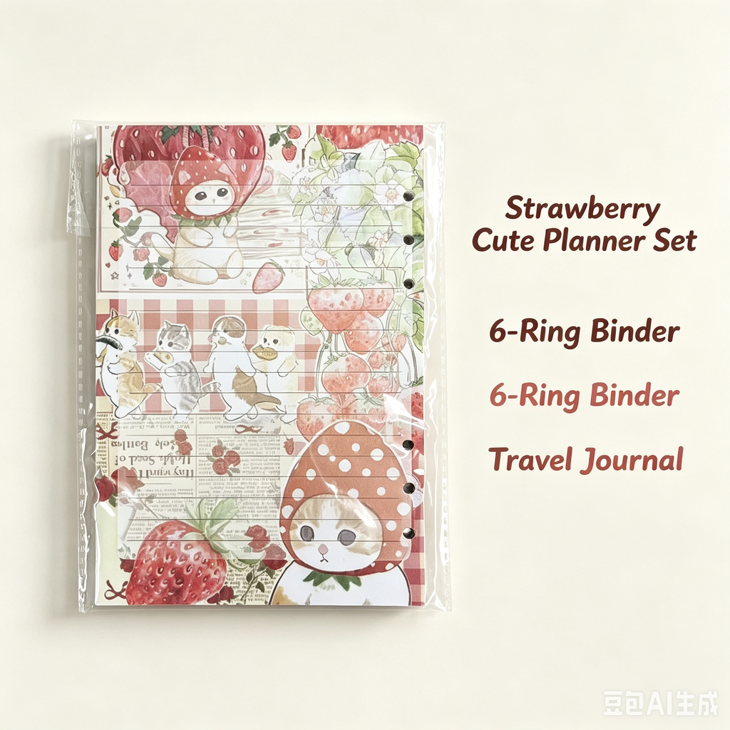 Strawberry Cute Planner Set, 6-Ring Binder Travel Journal with Lined Inner Pages