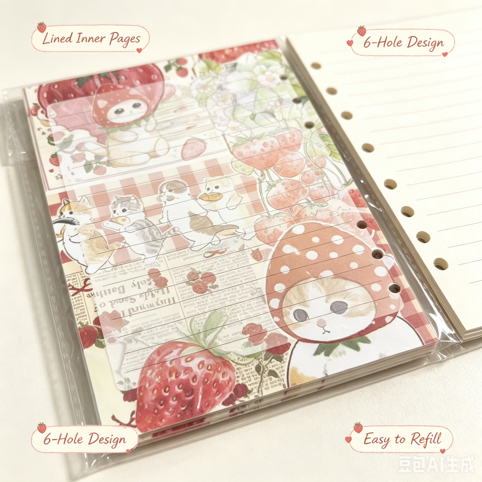 Strawberry Cute Planner Set, 6-Ring Binder Travel Journal with Lined Inner Pages