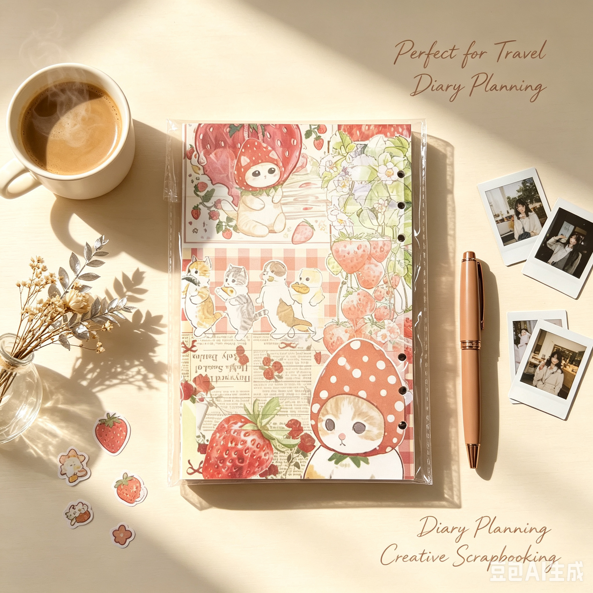Strawberry Cute Planner Set, 6-Ring Binder Travel Journal with Lined Inner Pages
